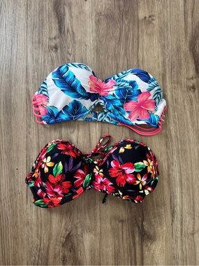 Forever Young Tropical Floral Bandeau Bikini Tops - Pink, Blue & Black Floral